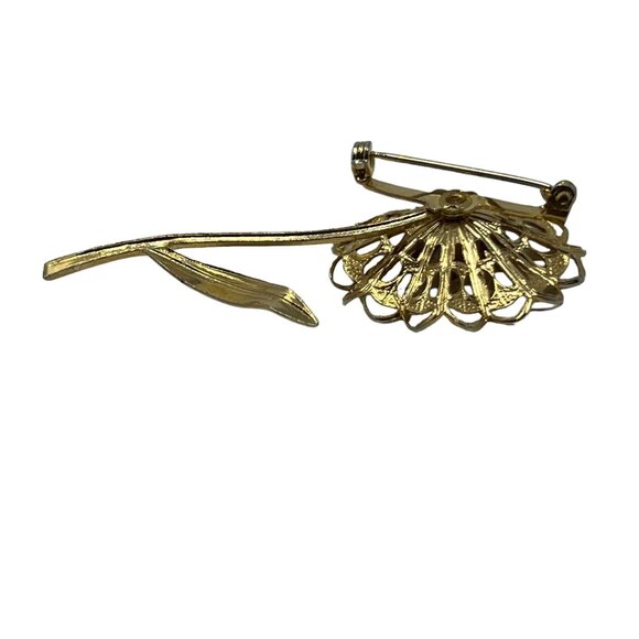 Vintage Brooch Flower Faux‎ Pearl Center Open Filigree Metal Work Gold Tone Pin - Picture 5 of 9